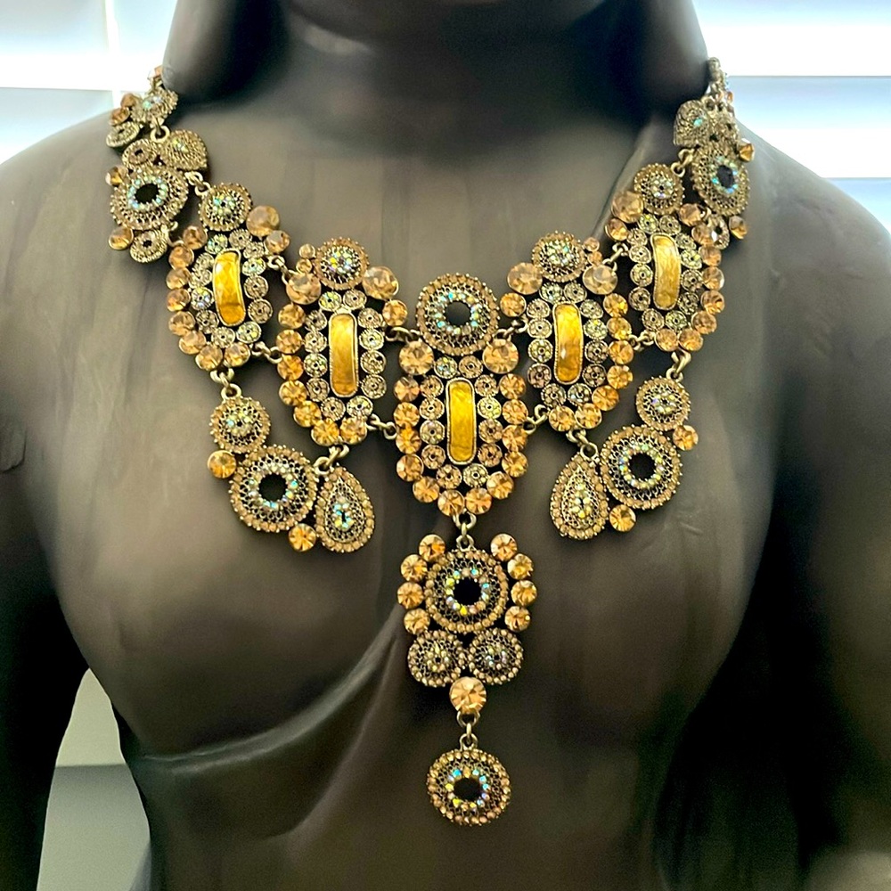 Amber Glass and Crystal Jewel Statement Necklace